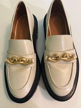 Tory Burch Cream Leather Chain-Front Loafers